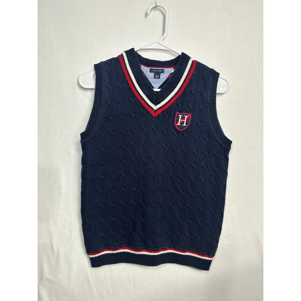 Tommy Hilfiger Boys Navy Cable Knit V-Neck Sweater Vest Striped Trim Sz L 16-18